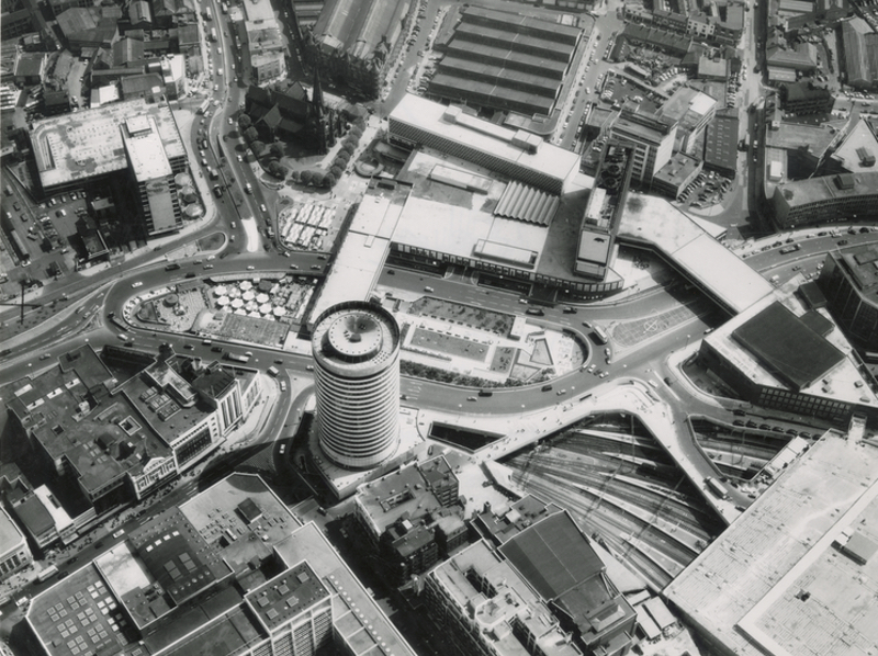 Aerial view of Birmingham City Centre, Inner Ring Road, Rotunda and Bull Ring